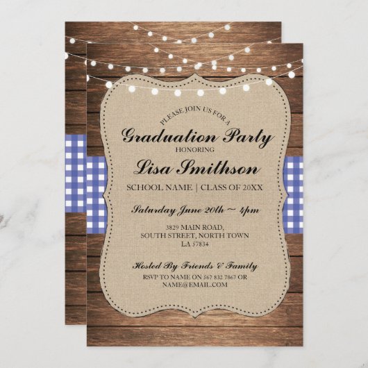 Rustikales Abschluss-Party-lädt blaues Karo-Holz Einladung (Vorne/Hinten)