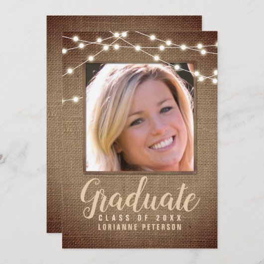 Rustikales Abschluss String Lights Brown Burlap Fo Ankündigung (Vorne/Hinten)