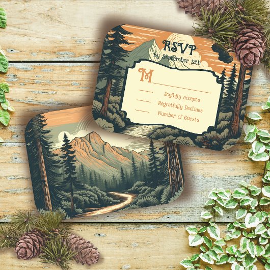 Rustikales Adventure Mountain Forest Wedding RSVP Einladung