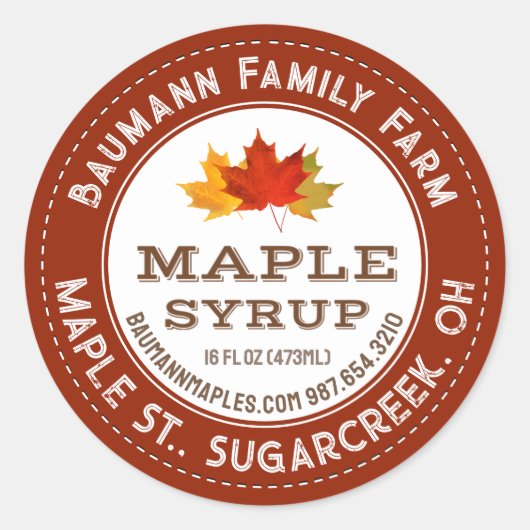 Rustikales Ahornsirup-Etikett Blätter mit farbigen Runder Aufkleber (Vorderseite)