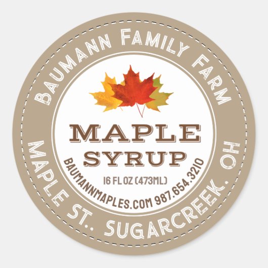 Rustikales Ahornsirup-Etikett Blätter mit farbigen Runder Aufkleber (Vorderseite)