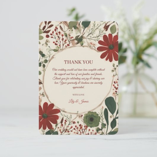 Rustikales Alter Grün & Burgund Rote Flora Herbst Dankeskarte (Stehend Vorderseite)