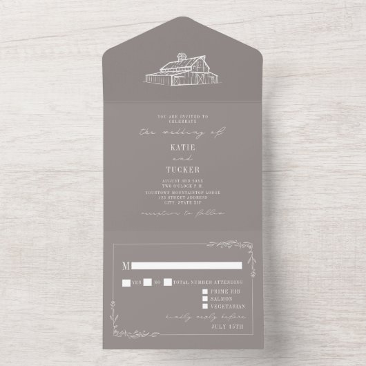 Rustikales Amethyst Graue Farm Wedding RSVP All In One Einladung (Innen Boden)