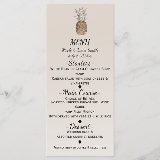 Rustikales Ananas tropisches hawaiianisches Hochze Menükarte (Vorderseite)