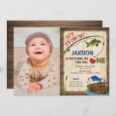 Rustikales Angeln 1. Geburtstag Junge Foto Einladung (Vorne/Hinten)