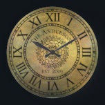 Rustikales antikes Shabby Chic-Vintage römische Große Wanduhr<br><div class="desc">Diese schönen, einzigartigen, ein-von-ein-netten personalisierten Ausrüstungsbeschreibungen, die ein Imitatrost beunruhigter Vintager antiker Hintergrund mit Ihrem eigenen personalisierten Familiennamen in einem mutigen Schriftart mit Ihrem eigenen Jahr herstellte. Das Ziffernblatt hat mutige römische Ziffern mit einer Mitte eines einzigartigen Mandalamusters. Personifizieren Sie diese Uhr, indem Sie Ihre persönliche Information addieren. Macht eine...</div>