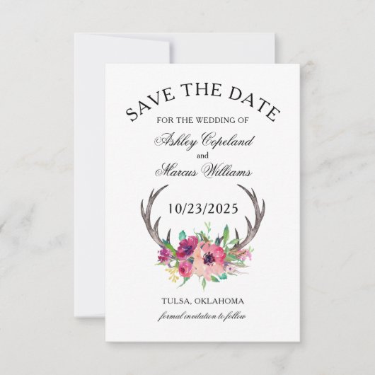 Rustikales Antlers Boho Floral Foto Save the Date (Vorderseite)