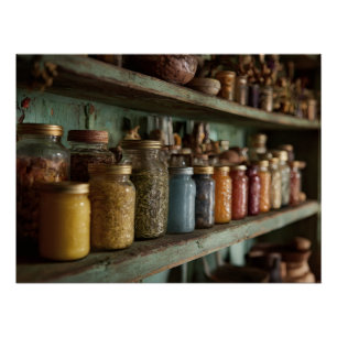 Rustikales Apothekerglas-Regal für Kräuter Poster