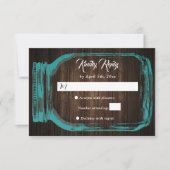 Rustikales Aquamarin Wood Hearts Mason Jar Wedding RSVP Karte (Vorderseite)