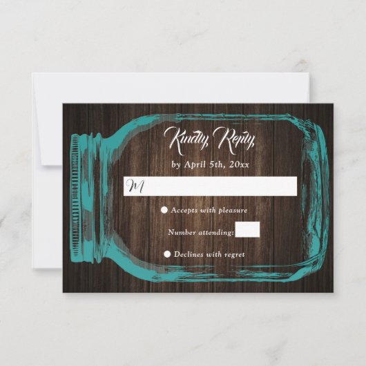 Rustikales Aquamarin Wood Hearts Mason Jar Wedding RSVP Karte (Vorderseite)