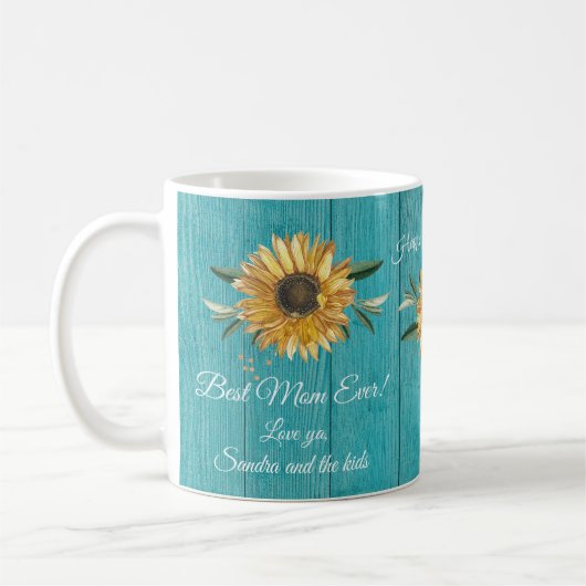 Rustikales Aquamarines blaues Sonnenblumen Beste M Kaffeetasse (Links)