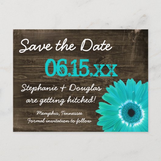 Rustikales Aquamarines Daisy Holz Save the Date Po Ankündigungspostkarte (Vorderseite)