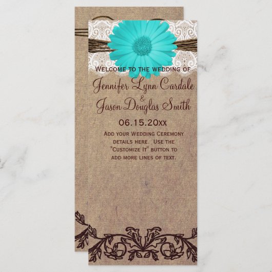 Rustikales Aquamarines Gerber Daisy Country Weddin Programm (Vorne/Hinten)