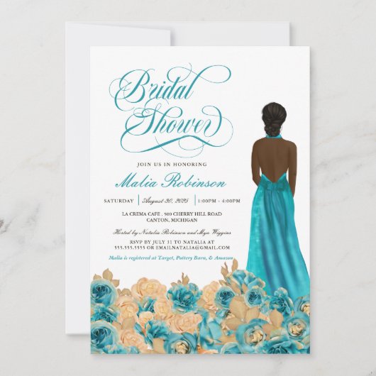 Rustikales Aquamarines Gold Rose & Elegantes Gown Einladung (Vorderseite)