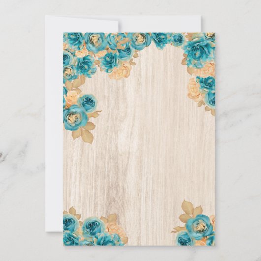 Rustikales Aquamarines Gold Rose & Elegantes Gown Einladung (Rückseite)