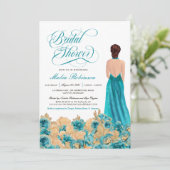 Rustikales Aquamarines Gold Rose & Elegantes Gown  Einladung (Stehend Vorderseite)