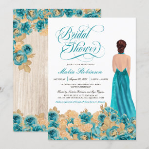 Rustikales Aquamarines Gold Rose & Elegantes Gown Einladung