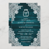 Rustikales Aquamarines Holz Floral Lee Mason Jar W Einladung (Vorne/Hinten)