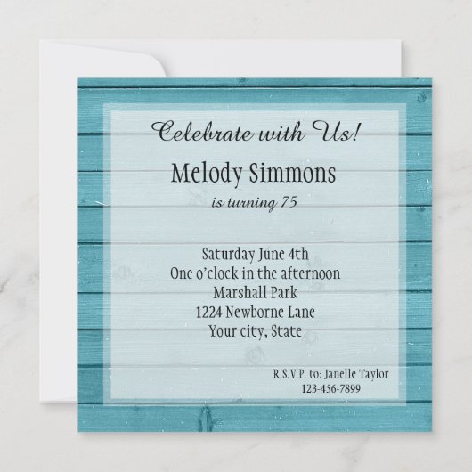 Rustikales Aquamarines Holz Geburtstag Einladung (Rückseite)