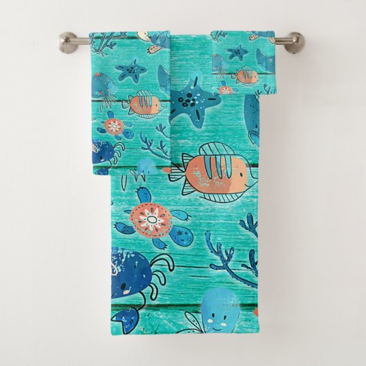 Rustikales Aquamarines Holz & unter dem Meer Freun Badhandtuch Set (Insitu)