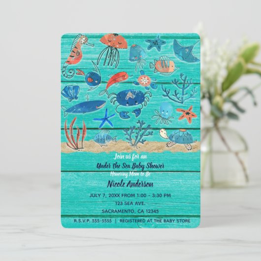 Rustikales Aquamarines Holz & unter dem Meer Freun Einladung (Stehend Vorderseite)