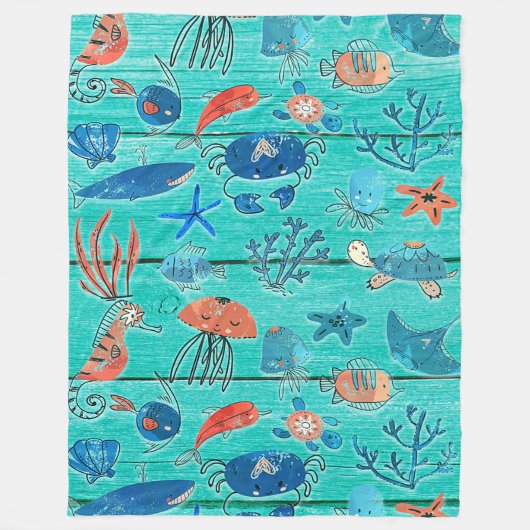Rustikales Aquamarines Holz & unter dem Meer Freun Fleecedecke (Vorderseite)