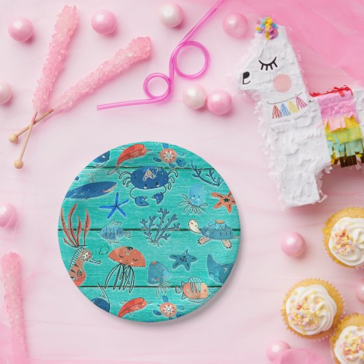 Rustikales Aquamarines Holz & unter dem Meer Freun Pappteller (Party)