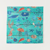 Rustikales Aquamarines Holz & unter dem Meer Freun Wandteppich (Vorderseite)