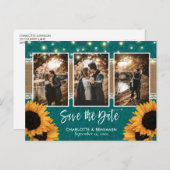 Rustikales Aquamarines Sonnenblumen-Foto Save the  Ankündigungspostkarte (Vorne/Hinten)