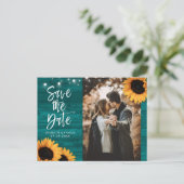 Rustikales Aquamarines Sonnenblumenhochzeitungs-Fo Postkarte (Stehend Vorderseite)
