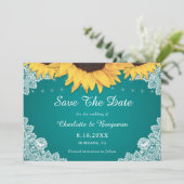 Rustikales Aquamarines Sonnenblumenhochzeitungs-Fo Save The Date (Stehend Vorderseite)
