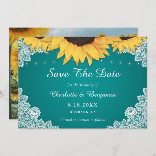 Rustikales Aquamarines Sonnenblumenhochzeitungs-Fo Save The Date (Vorne/Hinten)