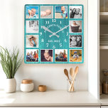 Rustikales Aquamarines Stallholz Bauernhaus 12 Fot Quadratische Wanduhr<br><div class="desc">Mit dieser rustikalen, aquamarinen Stalluhr aus Foto und Collage Wanduhr präsentieren Sie Ihre gepflegten Erinnerungen. Diese personalisierte Uhr besticht durch ein verwittertes Holzkorndesign und Platz für 12 Ihrer Lieblings-Fotos. Fügen Sie Ihren Familiennamen und das etablierte Jahr für eine einzigartige und sentimentale Touch hinzu. Ideal für eine Bauernküche, ein Wohnzimmer oder...</div>