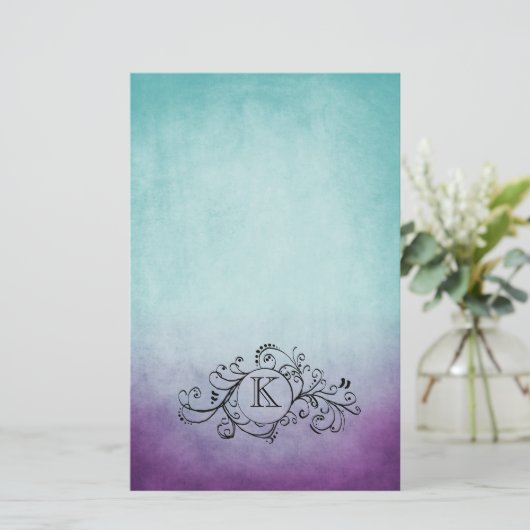 Rustikales Aquamarines und Lila Bohemisches Blüh Briefpapier (Stehend Vorderseite)