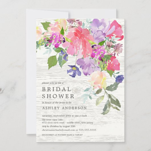 Rustikales Aquarell Lila Brautparty Einladung (Vorderseite)