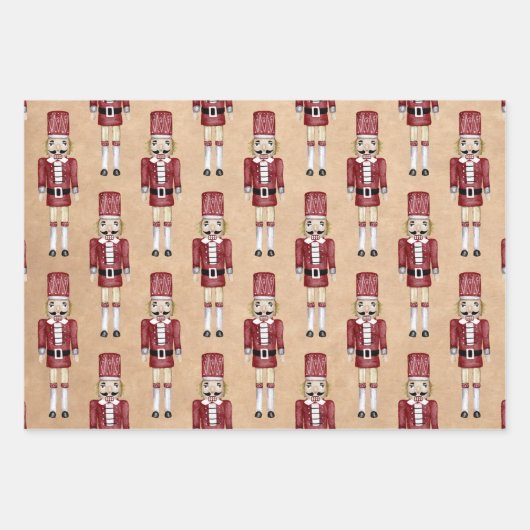 Rustikales Aquarell Red Nutcracker Muster Weihnach Geschenkpapier Set (Vorderseite)