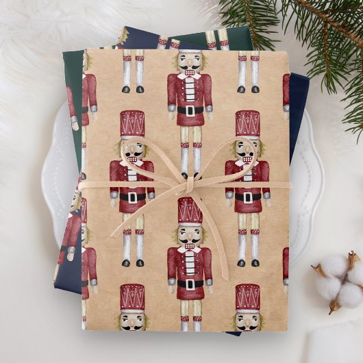 Rustikales Aquarell Red Nutcracker Muster Weihnach Geschenkpapier Set