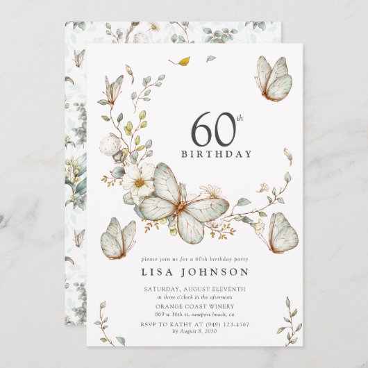 Rustikales Aquarellbutterfly 60. Geburtstagsparty Einladung (Vorne/Hinten)