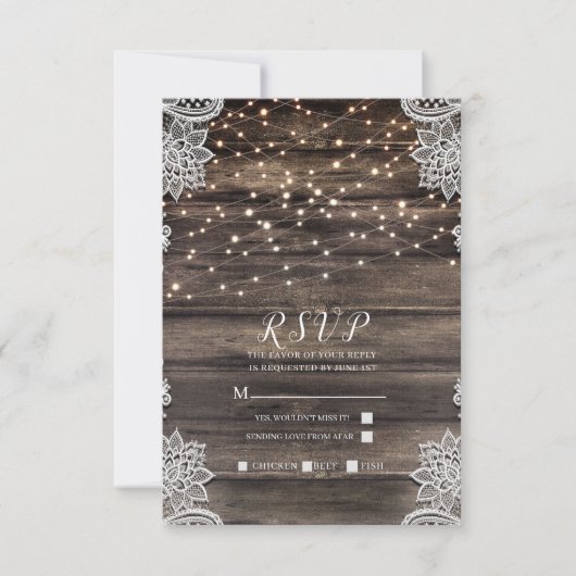 Rustikales Asche Brown Wood Lights Wedding RSVP Karte (Vorderseite)