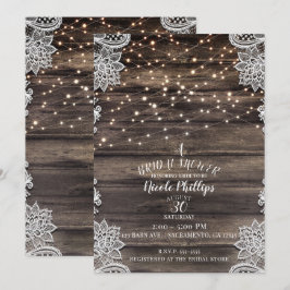 Rustikales Ash Brown Wood Lace & Lights Brautparty Einladung