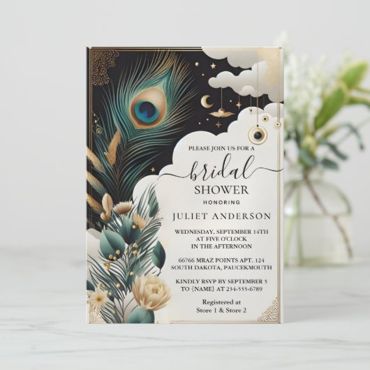 Rustikales Asian Sky Cloud Peacock Brautparty Einladung (Stehend Vorderseite)