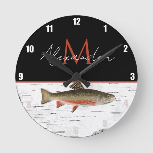 Rustikales Aspen Bark Foreut Fisherman Lake House Runde Wanduhr (Vorderseite)