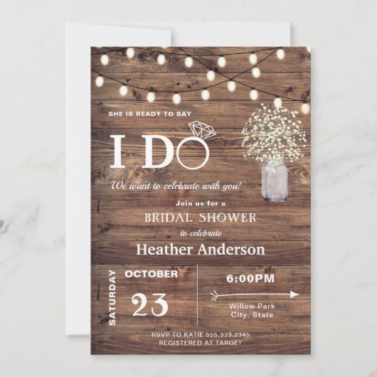 Rustikales Baby-Atem- und String-Lights-Brautparty Einladung (Vorderseite)