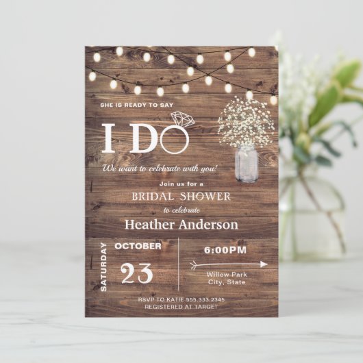 Rustikales Baby-Atem- und String-Lights-Brautparty Einladung (Stehend Vorderseite)