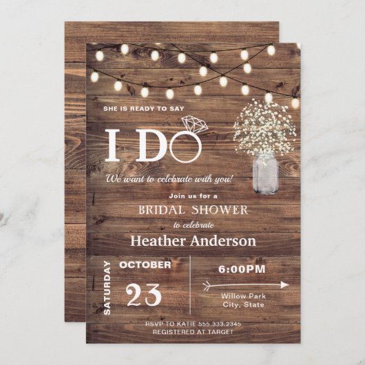 Rustikales Baby-Atem- und String-Lights-Brautparty Einladung (Vorne/Hinten)