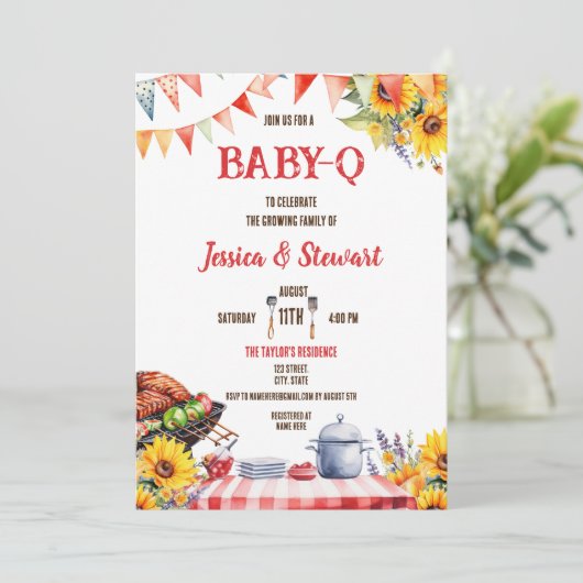 Rustikales BABY-Q Barbecue Picnic Sonnenblume Kari Einladung (Stehend Vorderseite)