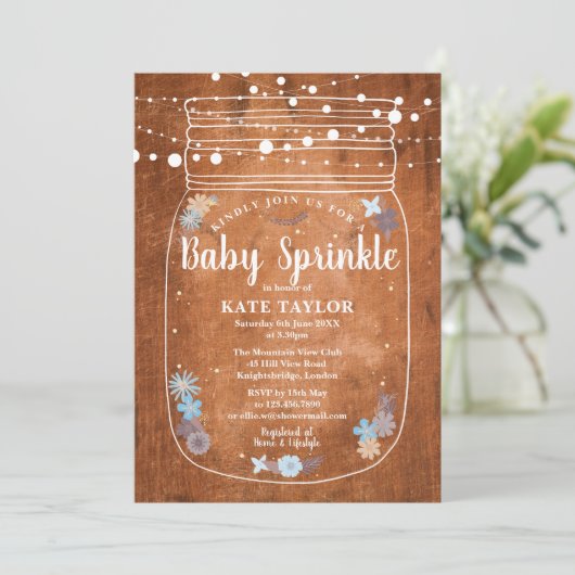 Rustikales Baby Sprinkle Mason Jar String Lights Einladung (Stehend Vorderseite)