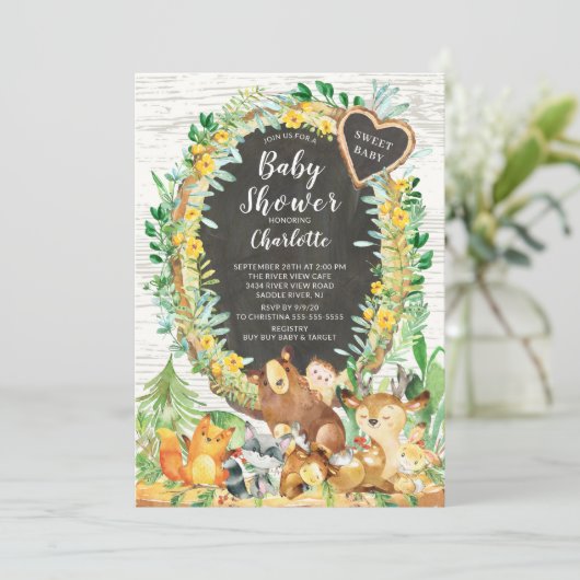 Rustikales Baby Woodland Animals Baby Dusche Einladung (Stehend Vorderseite)