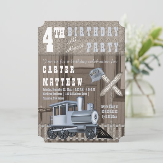 Rustikales Bahnübergang 4. Geburtstag Party Einladung (Stehend Vorderseite)