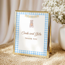 Rustikales Bär Blau Gingham Baby Shower Tischdekor